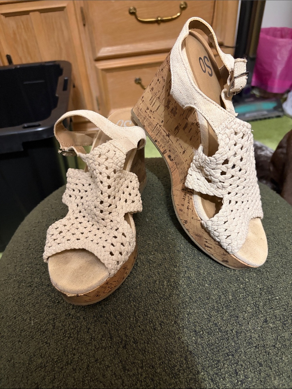 SO Crochet Cork Wedge Sandals in Beige